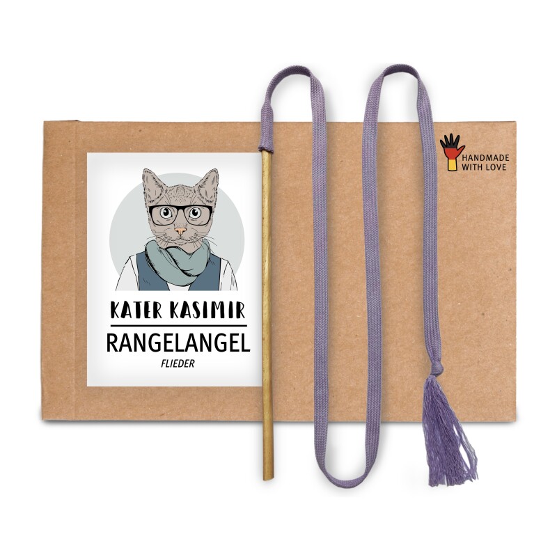 Kater Kasimir RANGELANGEL - Die natürliche Spielangel für Katzen, mit flieder-farbenem Baumwollband und Buchenholzstab