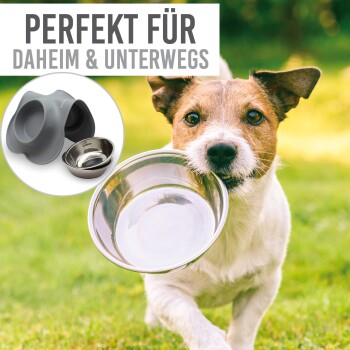 Ein Hund trägt eine Edelstahlschüssel, mit einer grauen Schüssel und einer kleineren Schüssel in der Nähe. Text: "PERFEKT FÜR DAHEIM & UNTERWEGS."