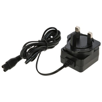 Schwarzes Netzteil mit UK-Stecker und einem spiralförmigen Kabel, entworfen für elektronische Haustiergeräte.