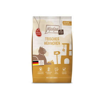 Tüte MjAMjAM Katzenfutter mit der Aufschrift „Frisches Hühnchen“, Anhänger „Mit Frisch-Fleisch“, deutscher Flagge und Symbolen