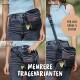 Eine Frau in einem hellblauen Oberteil hält eine 'Rydel König' Haustier-Zubehörtasche mit Gürtel-, Schulter- und Hüftoptionen, mit einer Netztasche.