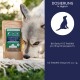 Eine Nahaufnahme eines Hundes, der an einem Beutel "Libido Balance Powder" für Haustiere schnüffelt, mit Dosierungsanweisungen und Vorteilen in deutschem Text.