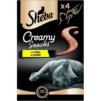 Torba Creamy Snacks Kurczak 44x12 g Opakowanie Sheba Creamy Snacks z szarym kotem leżącym, z żółtą etykietą z napisem "mit Huhn au poulet" i "x4" oznaczającym cztery porcje.