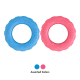 Twee bandvormige hondenspeeltjes (blauw en roze) met gegraveerde KONG-tekst boven gekleurde stippen en bijschrift 'Assorted Colors'.