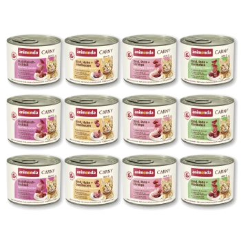 Douze boîtes d'Animonda CARNY pour chats (Adult) disposées en grille, montrant les étiquettes de saveurs et une image de chat sur chaque boîte