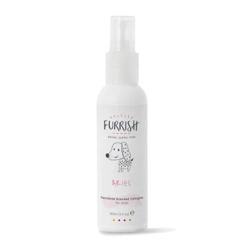 White spray bottle labeled Furrish with tagline GOOD. CLEAN. FUN., named Ariel, feminine dog cologne, 150ml.