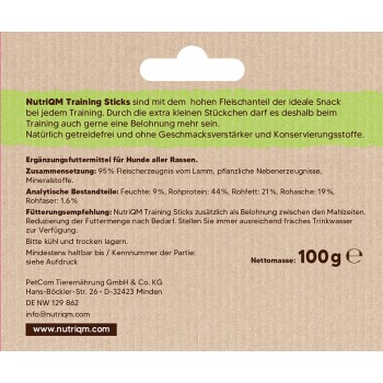 NutriQM Trainingssticks für Hunde, 100g Packung, mit hohem Fleischanteil, ohne Zusatzstoffe und Nährwertangaben auf Deutsch.
