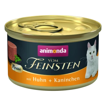 Katzenfutterdose von Animonda, beschriftet mit "vom Feinsten," mit Mousse aus Huhn und Kaninchen und einem Bild einer weißen Katze auf dem Etikett.