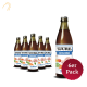 Sechs Flaschen TJURE Consommé, mit einem Etikett, das Bilder von Hähnchen, Gemüse und den Text "6er Pack" in einem roten Kreis zeigt.