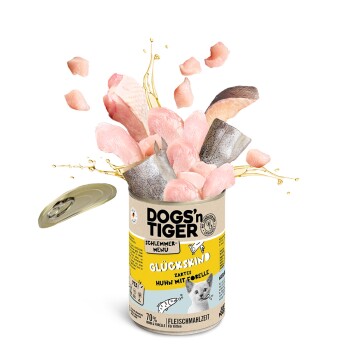 Eine Dose DOGS'n TIGER Haustierfutter mit Stückchen von Huhn und Forelle, mit dem Etikett "GLÜCKSKIND ZARTES HUN MIT FORELLE."
