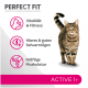 Un chat tigré en bonne santé sur un fond clair présente les avantages de "Perfect Fit" : vitalité, vision, force musculaire, et "ACTIVE 1+" en bas.