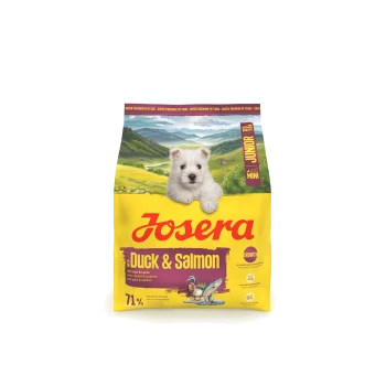 Gelber Josera-Hundefutterbeutel mit der Aufschrift Duck & Salmon (Junior Mini, 71%, Growth), mit Landschaftsillustration und Markenlogo