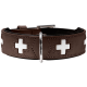 Braunes Leder-Haustierhalsband mit weißen Kreuzdesigns und einer silbernen Schnalle.