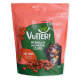 Vutter! vegane Hundesnacks mit Himbeere und rotem Rettich, pflanzlich, 110g, Bild eines Hundes, der sich die Lippen leckt, auf der Verpackung.