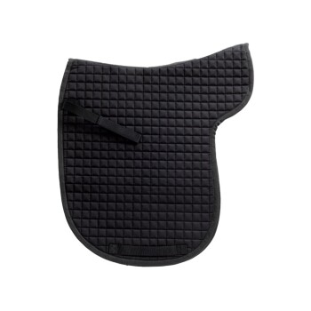 Schwarze, gesteppten Sattelunterlage mit einer strukturierten Oberfläche und einem Riemen zur Sicherung, entworfen für den Reitsport.