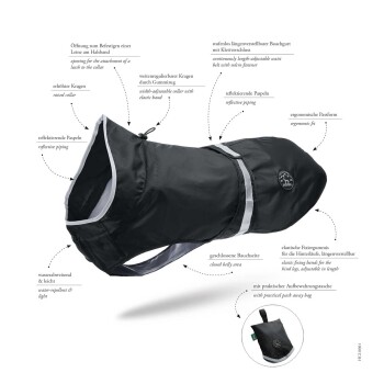 Schwarzer Hunderegenmantel mit reflektierenden Paspeln, verstellbarem Kragen und Taille sowie einer verstaubaren Tasche. Merkmale in Deutsch und Englisch.