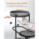 Eine Sphynx-Katze spielt mit einem hängenden Spielzeug auf einer grauen Katzenbaum-Plattform, beschriftet mit "Entspannen oder spielen" und mit einem Durchmesser von 43 cm.