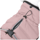 A close-up of a pink pet jacket featuring a zippered pocket, adjustable drawstring, and a clip buckle for secure fastening.