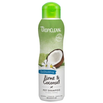 TropiClean DeShedding shampoo bottle with green cap, coconut and lime graphics, and text on oatmeal, Vitamin B5, and Omega 3 & 6.