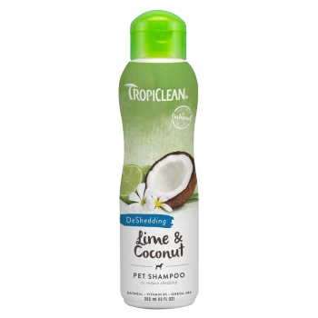 TropiClean DeShedding shampoo bottle with green cap, coconut and lime graphics, and text on oatmeal, Vitamin B5, and Omega 3 & 6.
