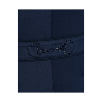 Nahaufnahme eines marineblauen Haustieroutfits mit einer dekorativen Strassverzierung in Form eines Pferdegebisses.