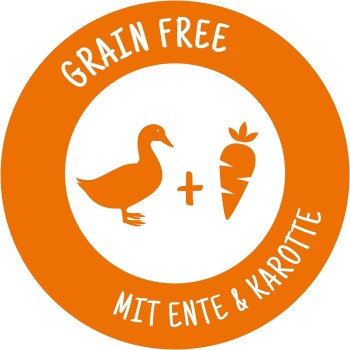 Oranges rundes Etikett mit einem Enten- und Karotten-Icon, mit dem Text "GRAIN FREE MIT ENTE & KAROTTE", der eine getreidefreie Haustierfutteroption anzeigt.