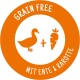 Oranges rundes Etikett mit einem Enten- und Karotten-Icon, mit dem Text "GRAIN FREE MIT ENTE & KAROTTE", der eine getreidefreie Haustierfutteroption anzeigt.
