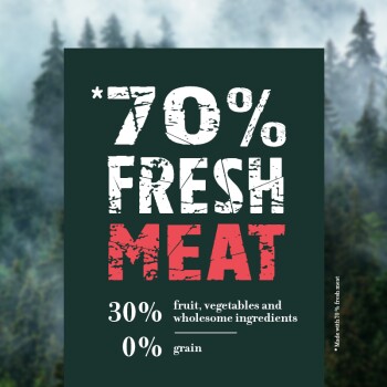 70% Fresh Meat, 30% fruit, vegetables and wholesome ingredients, 0% grain, with a forest background.