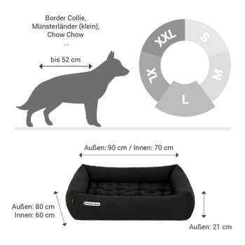 Schwarzes Haustierbett mit gepolstertem Design, mit einem weißen "Doctor Bark"-Logo und einem orangefarbenen Temperaturetikett.