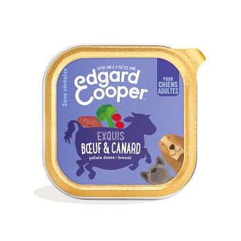 Barquette d'aliment pour chiens Edgard Cooper, étiquette violette 'Exquis Bœuf & Canard' (patate douce, brocoli), 'Pour chiens adultes'