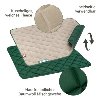 Eine umkehrbare Tiermatte mit weichem Fleece auf der einen Seite und einer grünen Baumwollmischung auf der anderen, beschriftet mit 'Doctor Bark.'
