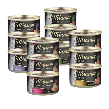 Puszki karmy dla kotów Miamor w smakach takich jak Thun & Calamari, Huhn & Reis i Thun & Käse, oznaczone "Feine Filets" i "in Jelly."