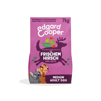 Sac violet Edgard Cooper 7 kg pour chiens - sans céréales, « Frischem Hirsch und Ente » (chevreuil et canard frais), chien adulte moyen
