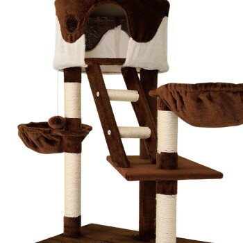 Brauner Katzenbaum mit einem gemütlichen Versteck, zwei Plattformen, einem Kratzbaum und einem hängenden Spielzeug, entworfen für das Spielen und Ausruhen von Katzen.