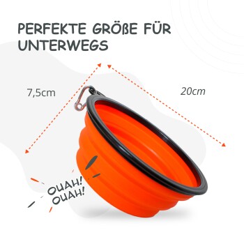 Zusammenklappbare orangefarbene Hundeschüssel mit schwarzem Rand, Maße 7,5 cm Höhe und 20 cm Durchmesser, beschriftet mit "Perfekte Größe für Unterwegs."