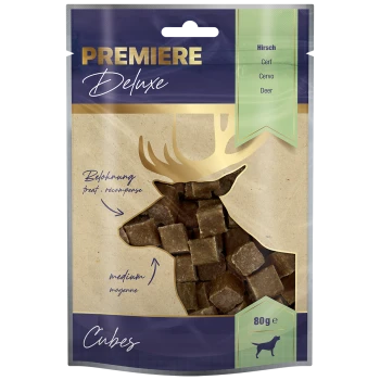 Premiere Deluxe Hundeleckerlis in einer wiederverschließbaren Tüte, mit Würfeln von Wildfleisch, beschriftet mit "Belohnung" und "medium."