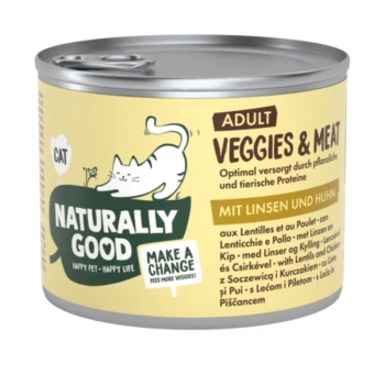 Dose Katzenfutter mit der Aufschrift "Naturally Good", die "Adult Veggies & Meat" mit Linsen und Huhn enthält und eine gesunde Ernährung fördert.