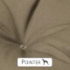 Nahaufnahme eines strukturierten, beigen Hundebetts mit einem Knopfdetail, beschriftet mit 'POINTER' und einer Silhouette eines Hundes unter dem Text.