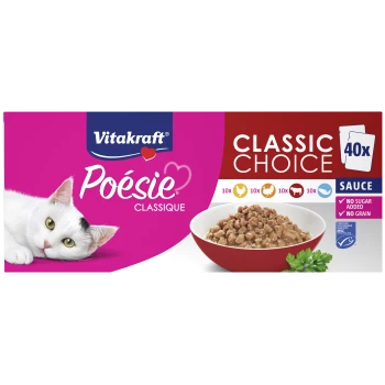 Vitakraft Poésie Classique Classic Choice Katzenfutter 40x Beutel in Sauce, ohne Zuckerzusatz, ohne Getreide, mit Huhn, Truthahn, Rind und Fisch.