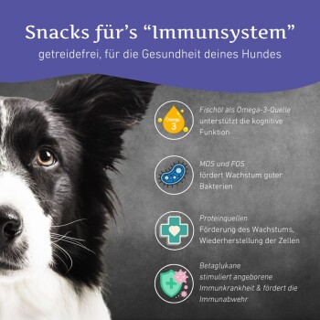 Snacks für das "Immunsystem" - getreidefrei, für die Gesundheit deines Hundes. Enthält Omega-3, MOS, FOS, Proteinquellen, Betaglucane.