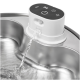 Edelstahl-Trinkbrunnen für Haustiere mit weißer automatischer Pumpe, die Wasser gießt; schwarzes Bedienfeld zeigt Strom-, Timer- und WLAN-Symbole