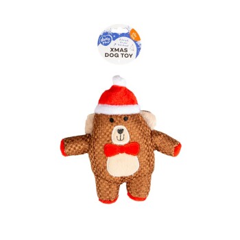 A festive plush dog toy shaped like a bear, wearing a red Santa hat and bow tie, labeled "XMAS DOG TOY."