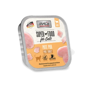 MAC's Super Food for Cats Pure Turkey volwassen kattenvoer, glutenvrij, hoog vleesgehalte, gemaakt in Duitsland.