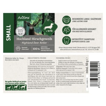 Highland-Hirschgeweih-Kauspielzeug für Hunde unter 10 kg, 100% natürlich, unterstützt die Zahnpflege und ist geeignet für Hunde mit Allergien.