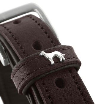 Nahaufnahme eines burgunderfarbenen Lederhalsbands für Hunde mit einem silbernen Hundecharm und einer Metallschnalle, die sein stilvolles Design zeigt.