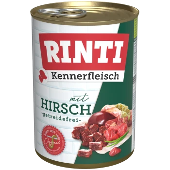 Dose Rinti Kennerfleisch getreidefreies Hundefutter mit Wild, zeigt Fleischstücke auf dem Etikett.