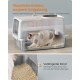 Geschlossene Katzentoilette mit langhaariger Katze darin; deutscher Text 'Glückliche Katzen, saubere Umgebung' und große Angabe '90 L'.