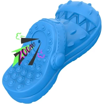 Blaues Gummispielzeug für Haustiere in Form von Flip-Flops, mit Stacheln und einem verspielten "ZOOM!!"-Grafik.