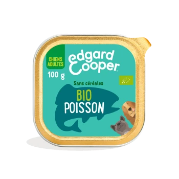 Emballage de nourriture pour chiens Edgard Cooper, 100g, avec un fond bleu sarcelle et le texte 'BIO POISSON', et des illustrations d'animaux.
