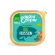 Emballage de nourriture pour chiens Edgard Cooper, 100g, avec un fond bleu sarcelle et le texte 'BIO POISSON', et des illustrations d'animaux.